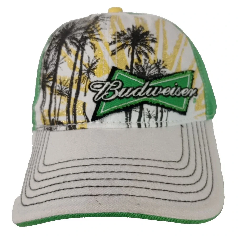 Budweiser Hat Mens Green White Palm Tree Glitter Snapback Baseball Cap 2009 NEW